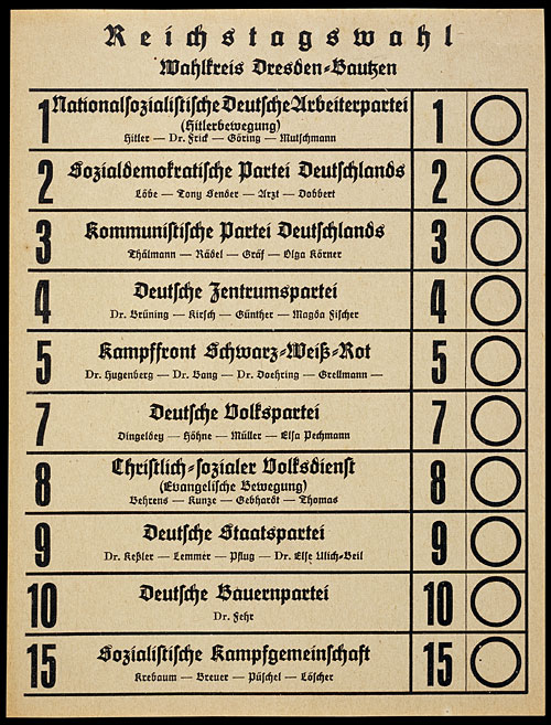 After the dissolution of the Reichstag, Adolf Hitler and the NSDAP gained 230 seats with 37% of the votes at the July elections (pictured is a ballot for the 10 main parties)